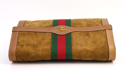 Gucci Vintage Bag Clutch Handbag Purse Sherry Suede Leather Beige Authentic - Picture 6 of 24