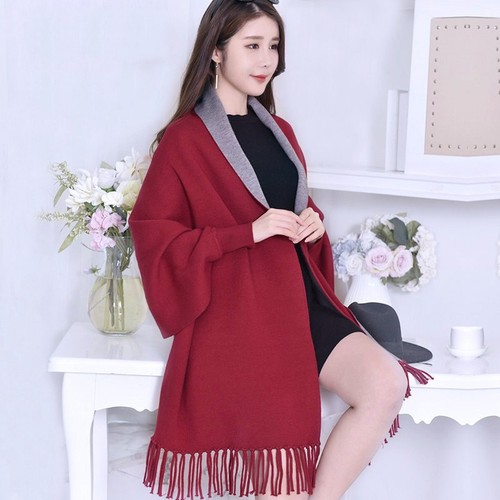 Women Winter Knit Tassels Cloak Shawl Warm Scarf Cape Wrap Blanket With Sleeves - Bild 20 von 21