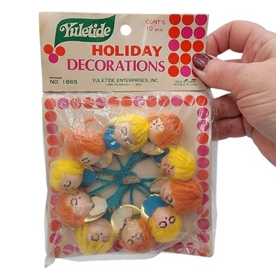 NOS Yuletide Holiday Decorations Spun Head Package Toppers 10 Pcs Vintage