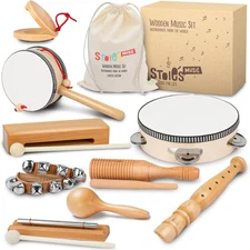 Wooden Toddler Musical Instruments with Drum, Hand Bells, Flute, Maracas, Castan