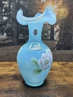 Fenton 9.25" Tall Ruffle Rim Blue Floral Vase F87