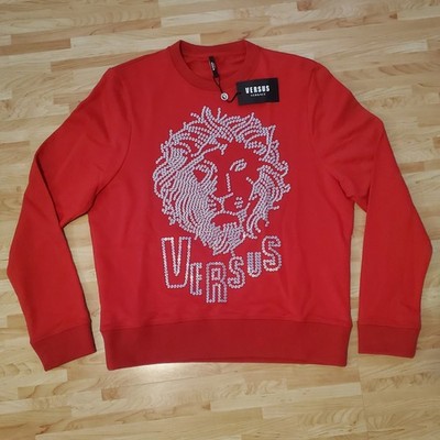 Versace Versus Neu mit Etikett Sweatshirt Herren Nieten Löwe   Kopf Logo Fleece Rot Größe M