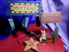 Lot Of 3 Rustic Primitive Mittens & Christmas Time Wooden Hanging Decorations