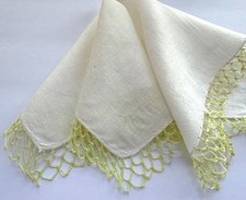VINTAGE HANKY 1940s WHITE LINEN CROCHET LOVERS KNOT EDGING IN NEON YELLOW GREEN