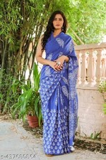 Ready to Wear Blue Color Cotton Saree For Women Sari With Unstitched Blouse Gift