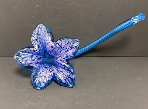 Blenko Glass Flower - Turquoise with Pink Frit