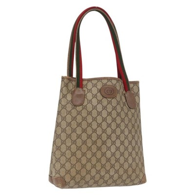 GUCCI GG Canvas Web Sherry Line Tote Bag PVC Beige 58 02 4889 Auth