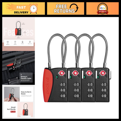 TSA Approved Cable Luggage Locks - 3 Digit Combination Padlocks for Travel (4 Pa