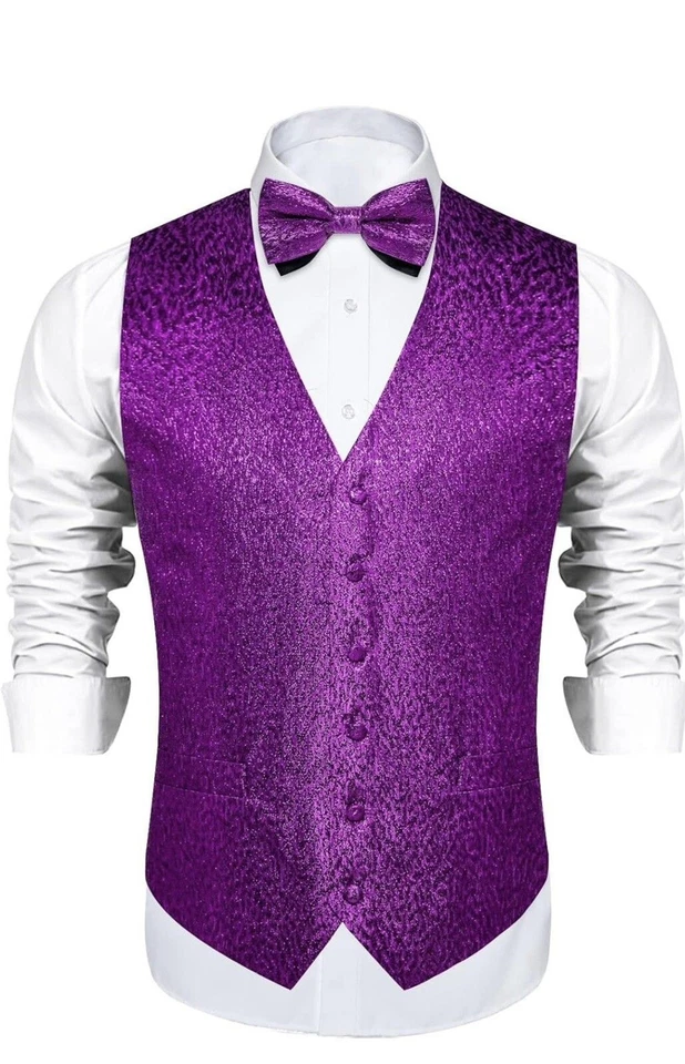 DiBanGu Men’s Elegant Metallic Vest And Bow Tie Set Size Small Fuchsia NWT - Image 2 of 3