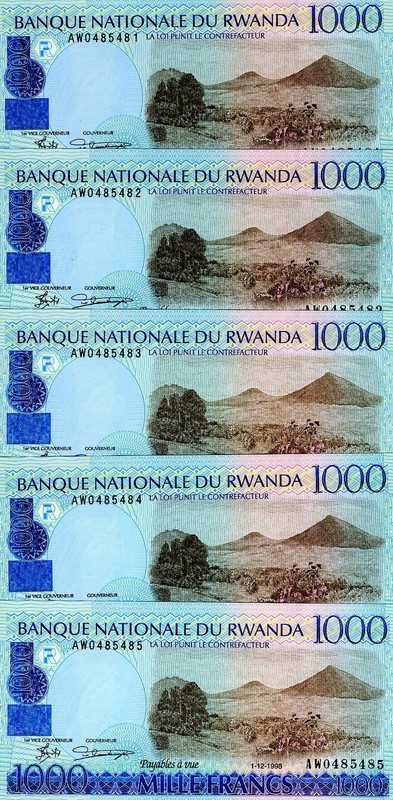 LOT Rwanda, 5 x 1000 (1,000) Francs, 1998, P-27, UNC