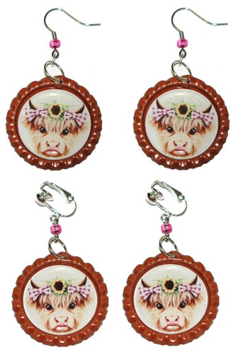 Cute Highland Cow Bottle Cap Pierced or Clip on Dangle Earrings (CAP031) - 第 1/3 張圖片