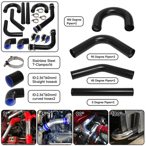 2.36" 60mm Aluminum Universal Intercooler Turbo Piping pipe + Hose Kit Black - Picture 4 of 10
