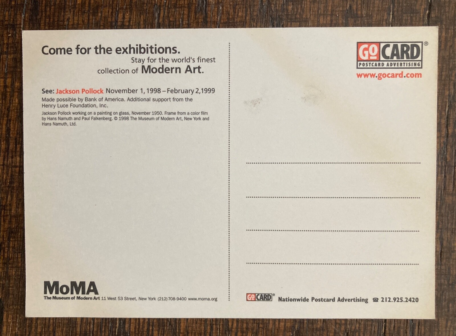 Vintage Art Gallery Exhibition Invitation Jackson Pollock 1998 MOMA NYC