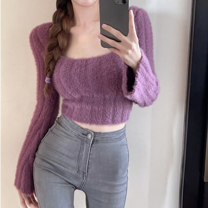 Ladies Crop Top Jumper Faux Mohair Shirt Short Sweater Off