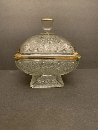 Glass Candy Dish Oak leaf and Acorn Jeanette glass Gold Trim