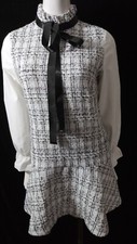 shein womens black &white mini dress lond sleeves Ribbon Tie Skirt Ruffle