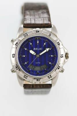 Relic Mens Watch Chrono Date Alarm 24hr Brown Leather Silver 30m Blue Quartz