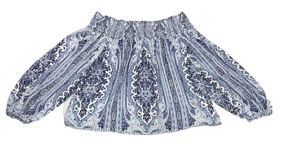 Alice + Olivia X Small Off Shoulder Top Flowy Boho Blue Paisley Blouse