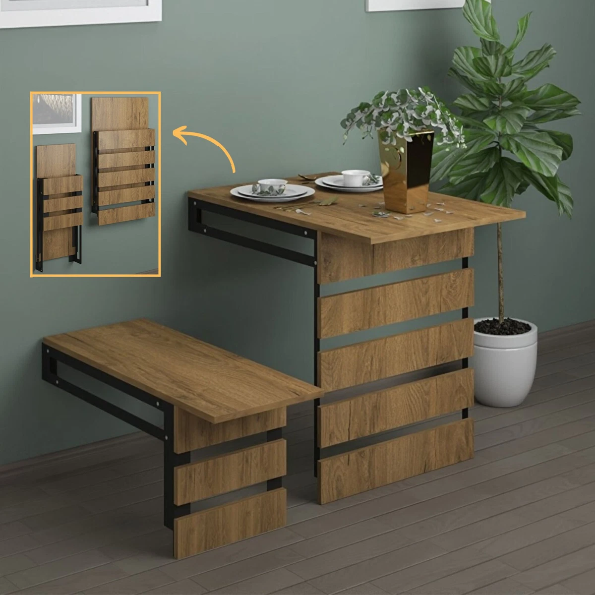 Folding Table with Bench Wall Mounted Space Saving Foldable Dining Kitchen Table