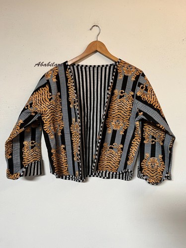 Indian Black Tiger Printed Cotton Quilted Jacket Vintage Reversible Jacket - Picture 10 of 10