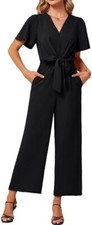 JASAMBAC V Neck Short Sleeves Tie Waist Jumpsuits Wide Pants with Pockets 3299