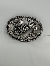 Nocona Silver Scroll  Bull Rider Oval Belt Buckle