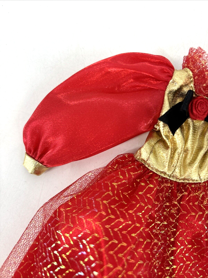 Vintage Christmas Barbie DRESS Long Gown Red Gold Shimmer Satin Lace