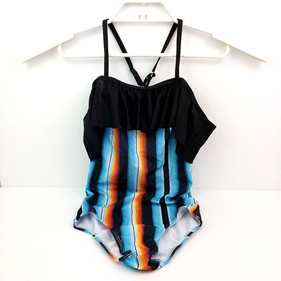 Double K Boutique Girls Size 7T-8T Black Blue Striped 1 Piece Bathing Swim Suit