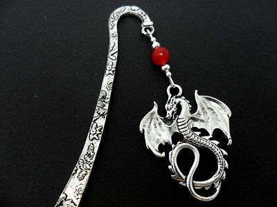 A TIBETAN SILVER  DRAGON & RED JADE BEAD  CHARM BOOKMARK. NEW.