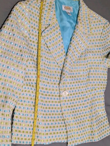 Talbots Jacket Blazer Silk Blend Blue Lime Green Ribbon Tweed Plaid Petite 6 - Picture 12 of 13
