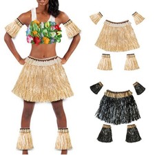 Adult Hawaiian Grass Hula Skirt Luau Party Halloween Beach Costume Set