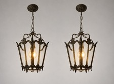 Antique  Brass Hanging Lanterns Pair Ornate Ceiling Lights with Glass Panels