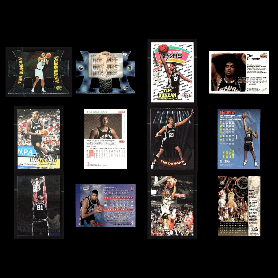 Lote 76 tarjetas de baloncesto Tim Duncan Rookie 1997 Press Pass Netburners juego troquelado Foto 3 de 4