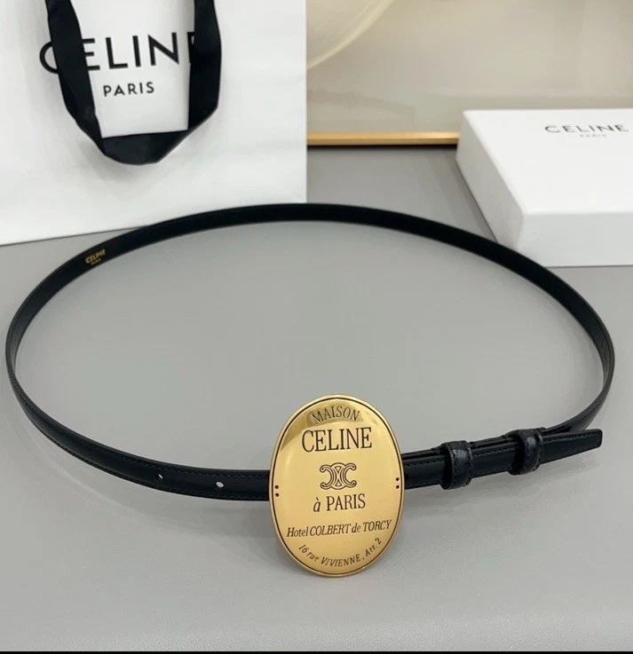 Women's Celin*e 1.3cm/0.51in Black Leather Belt gold retro oval badge buckle