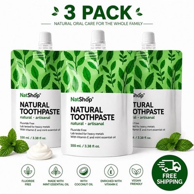 NatShop Natural Toothpaste Fluoride Free Mint Vitamin E 100ml Vegan Mexico 3pcs