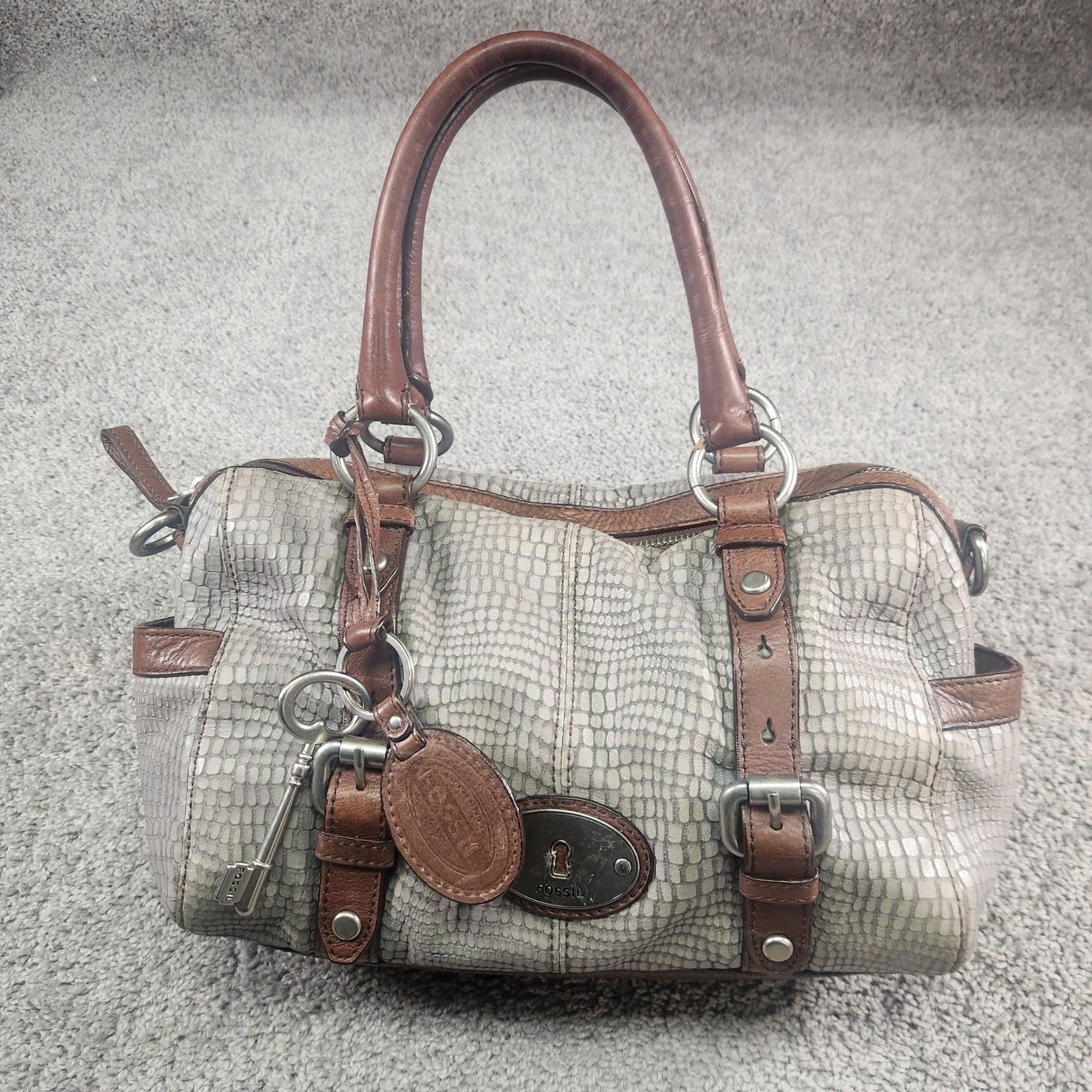 Fossil Satchel Handbag Gray Snakeskin Embossed Leather Key Charm Purse