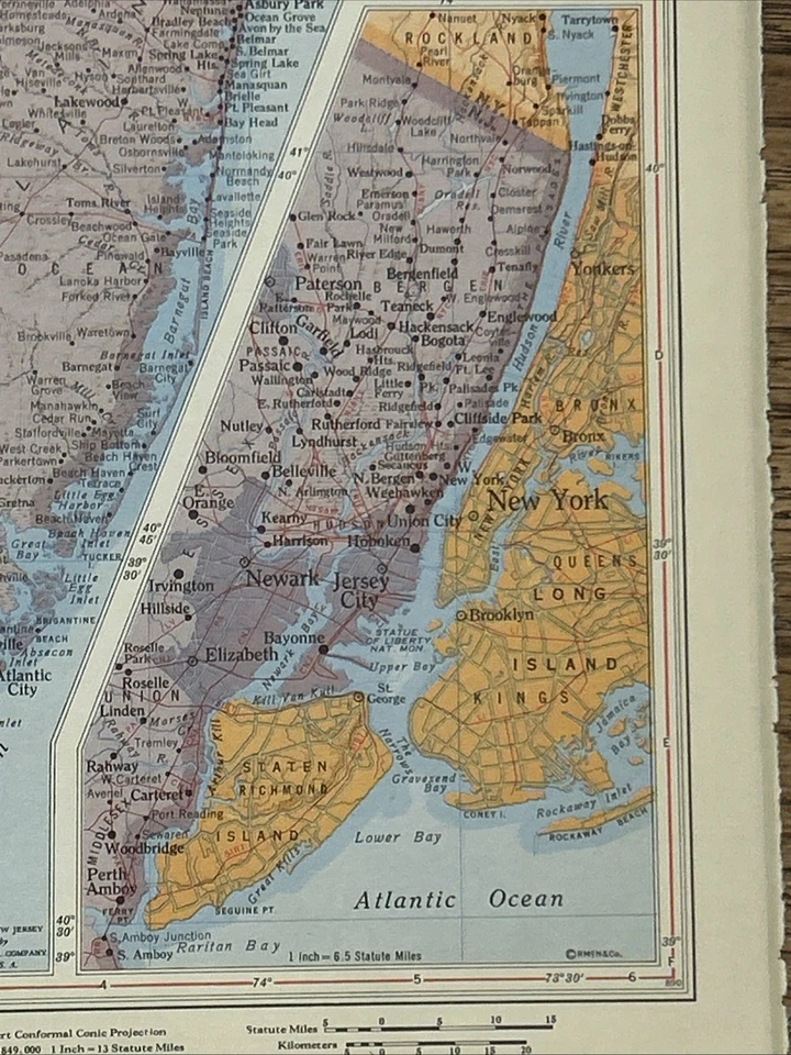 Антикварная многоцветная карта 1951 г. — Нью-Джерси (Джерси-Сити и Ньюарк увеличены) 14 дюймов x 11 дюймов - Изображение 2 из 4