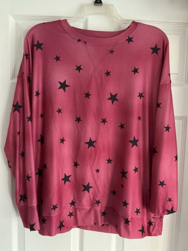 Bright Pink Long Sleeve Top With Navy Stars, Size M