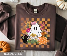 Cute Ghost and Flowers Halloween Sweatshirt Fall Cat Pumpkin Shirt Spooky