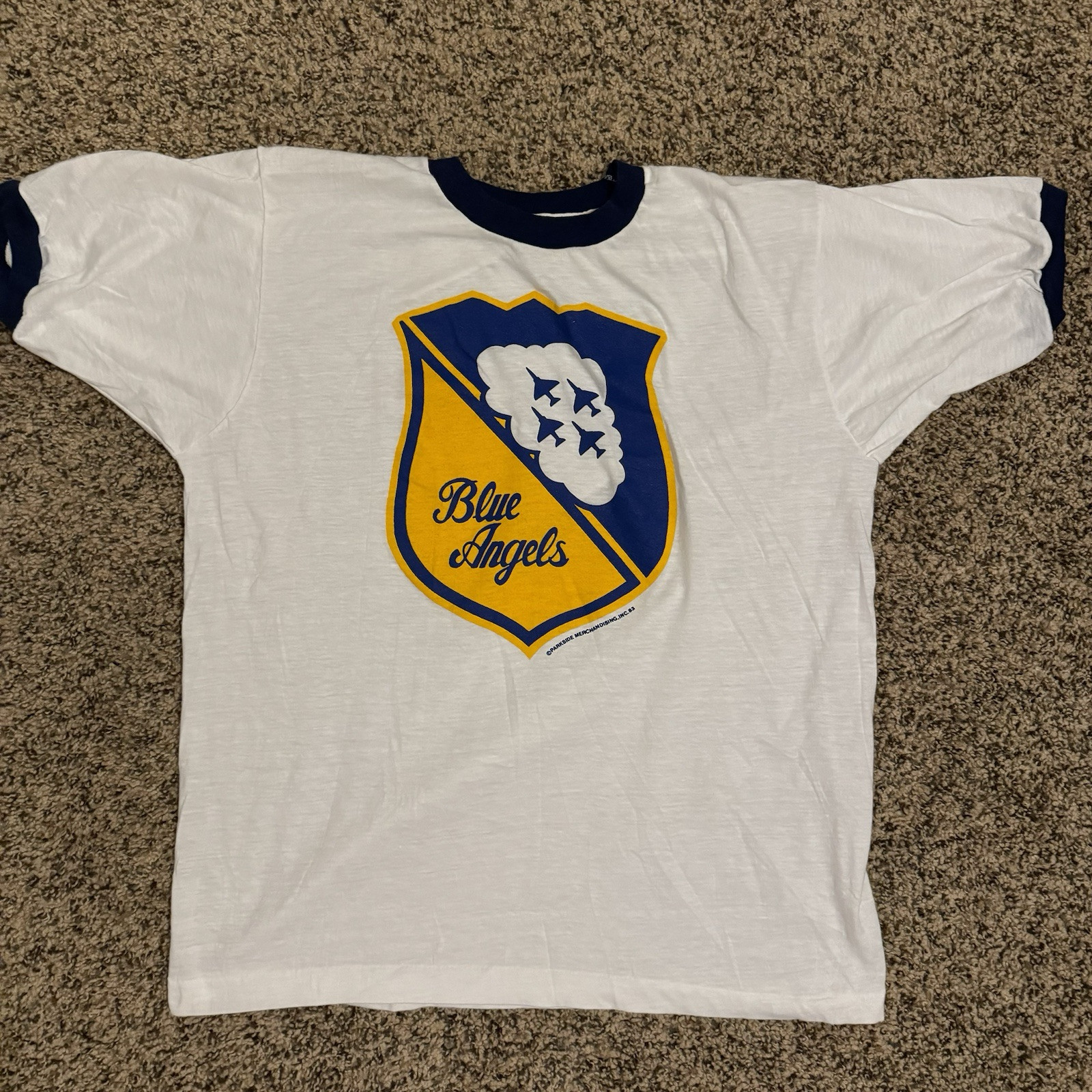 Vintage 1983 Blue Angels Navy Aerobatics Ringer Tee White Blue Large