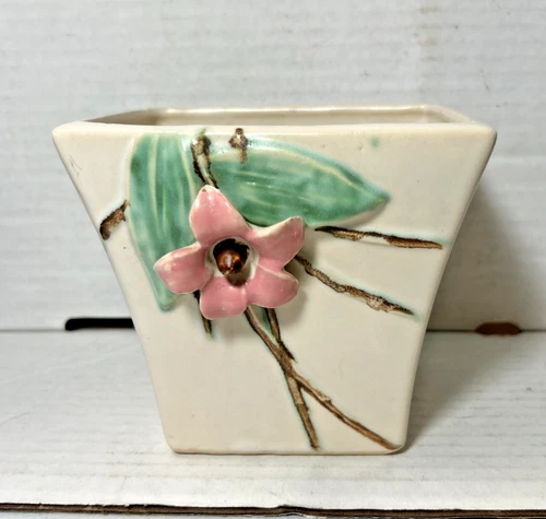 Vintage Whitish McCoy Pottery 1940's Ceramic Square Planter: Blossom Time