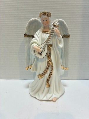 Vtg Traditions Collectables Porcelain Angel with Guitar Hand Painted Gold Accent