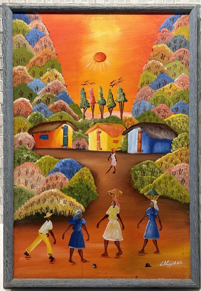 Haitian Village Vibrant Original Signed Painting, Cultural Fine Art Decor Gifts - Image 3 of 4