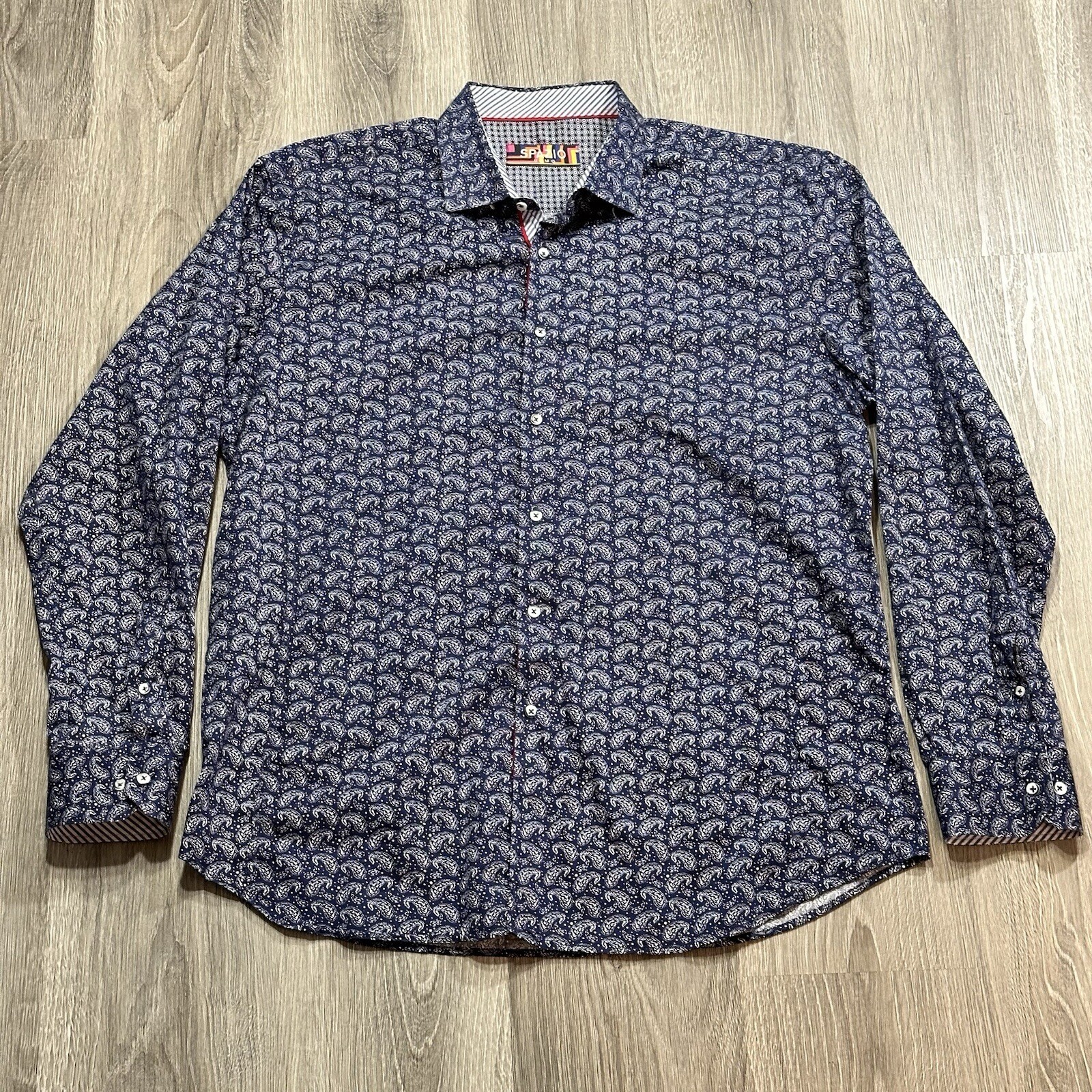 Spazio Men XL Paisley & Stripes Navy Button Down Long Sleeve Cotton Shirt