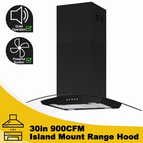 Glass Island Mount Range Hood 30in Cook Vent 900CFM Black Stainless