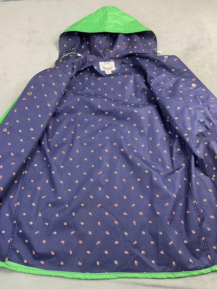 Impermeable Vintage Mujer Mediano Forro Fresa Kelly Verde Capucha HM Abernathy Foto 3 de 4