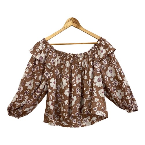 Free People brown off shoulder top wide neck brown daisy print sample - Picture 3 of 9