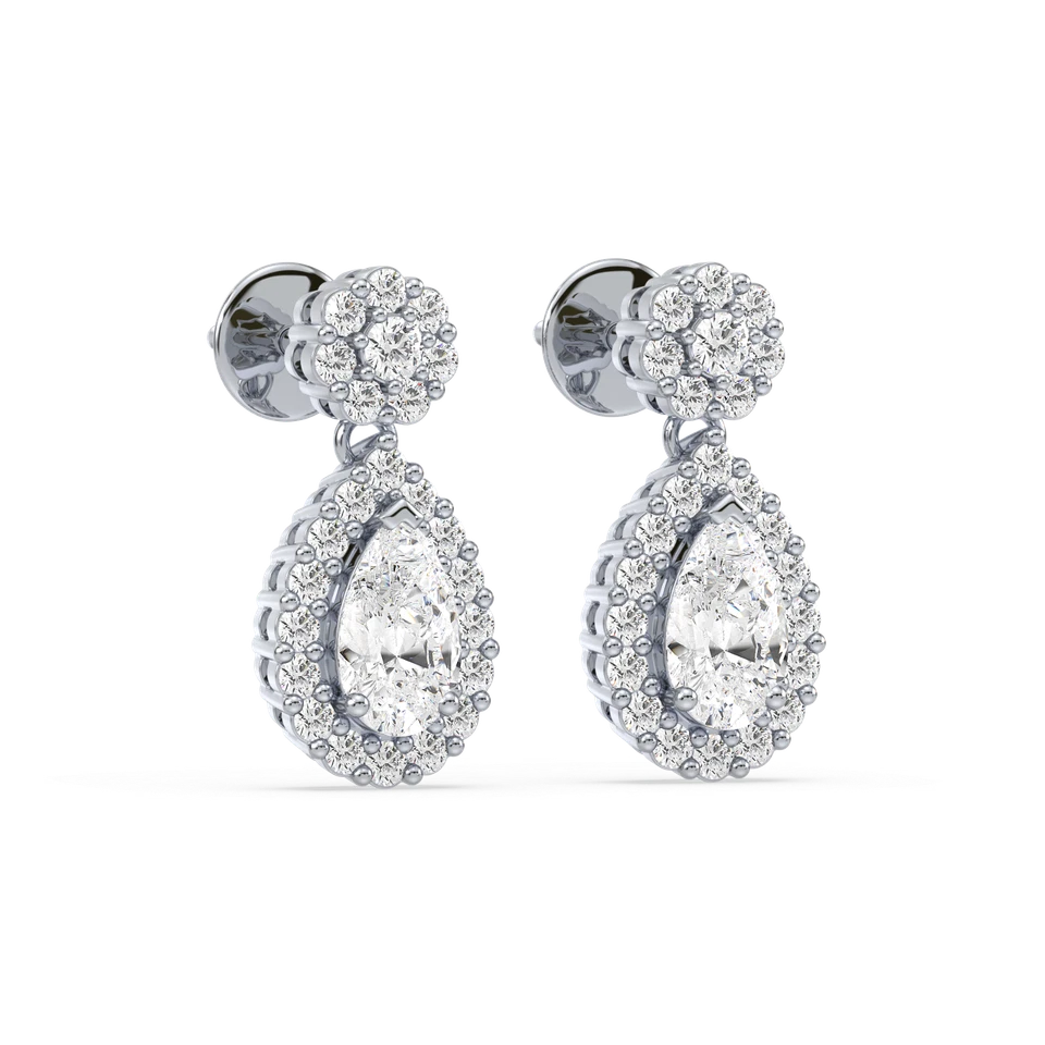DANGLING TEARDROP EARRINGS WITH PEAR SHAPE HALO LAB GROWN DIAMOND IN 14K GOLD - Image 3 of 4