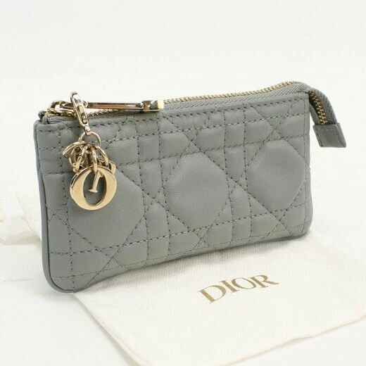 Porte monnaie occasion Dior Christian Dior Lady Dior fermeture éclair peau d'agneau bleu gris