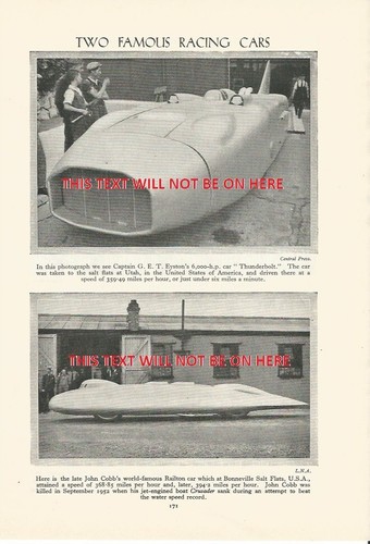 ZWEI BERÜHMTE RENNWAGEN THUNDERBOLT UTAH RAILTON BONNEVILLE ILLUSTRATION DRUCK